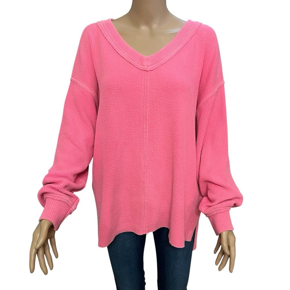 Aerie Wonder Textured Sweatshirt Medium V Neck Oversized Neon Pink Tunic Length